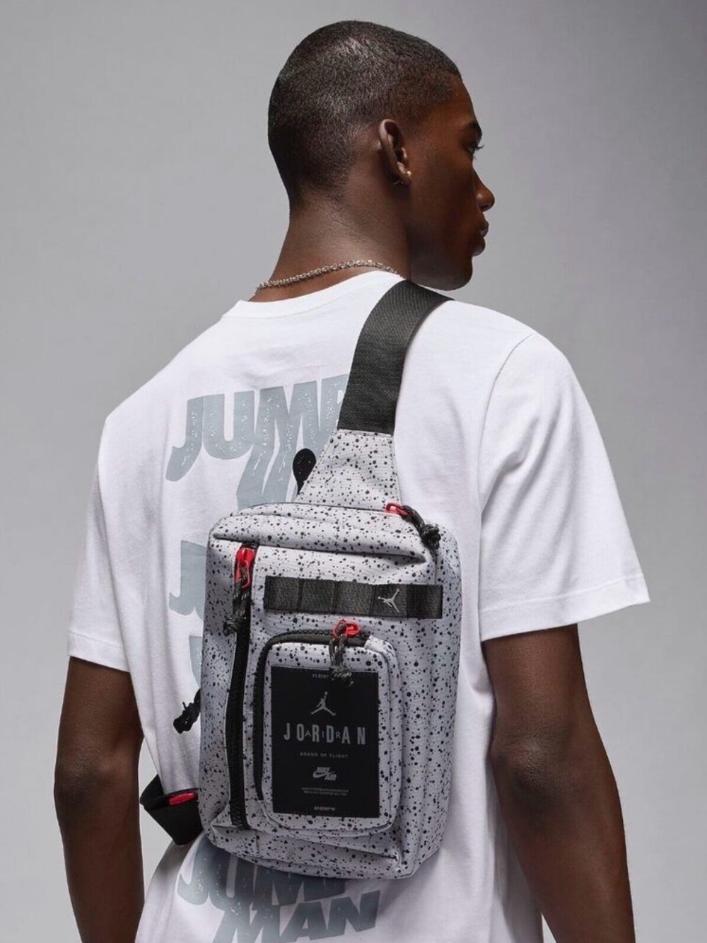 Jordan Speckled Sling Bag - White with Black and Red Accents - Picture 2 of 8